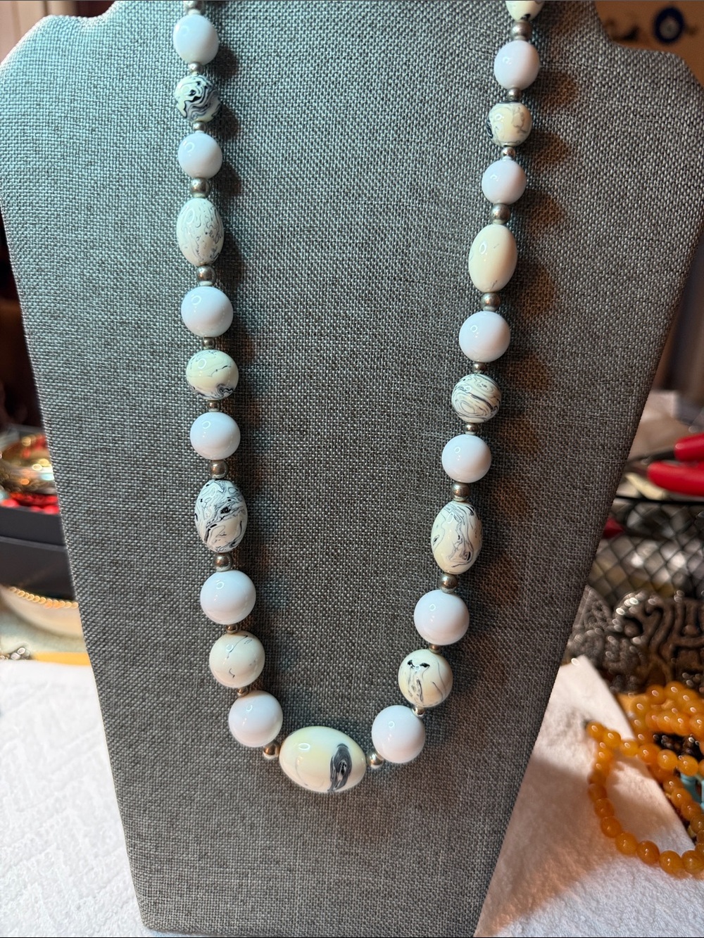 White Marbled Looking Bead With Silver Tone Beads Necklace - Women Jewelry